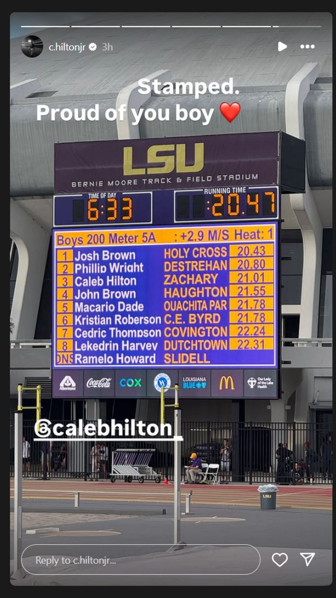 Chris Hilton Jr posted on his IG story (@c.hiltonjr/IG)
